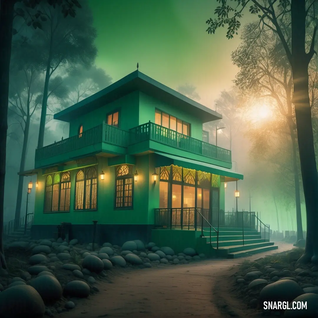 Green house with a porch and a porch on the top of it in the woods at night time. Example of #008139 color.