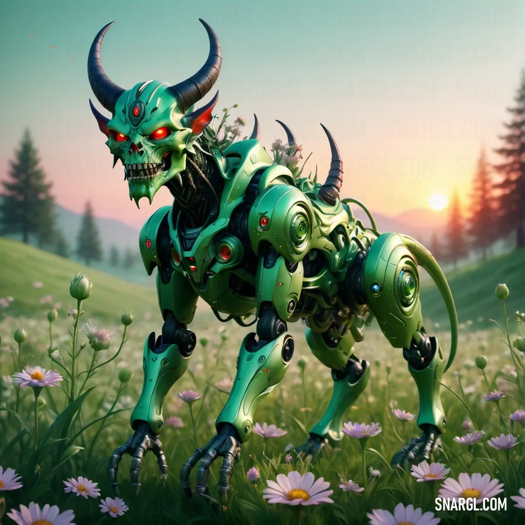 Green robot dog standing in a field of flowers with a demon like face on it's body. Color CMYK 91,4,100,25.