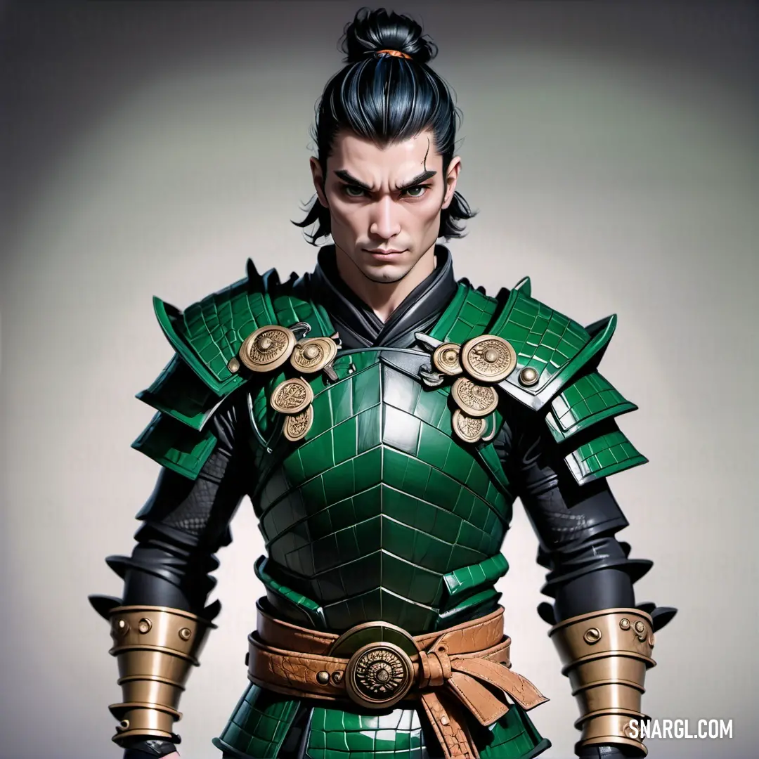Man in a green armor with a black hair and a ponytail in a ponytail with a ponytail in his hair. Color RGB 0,129,57.