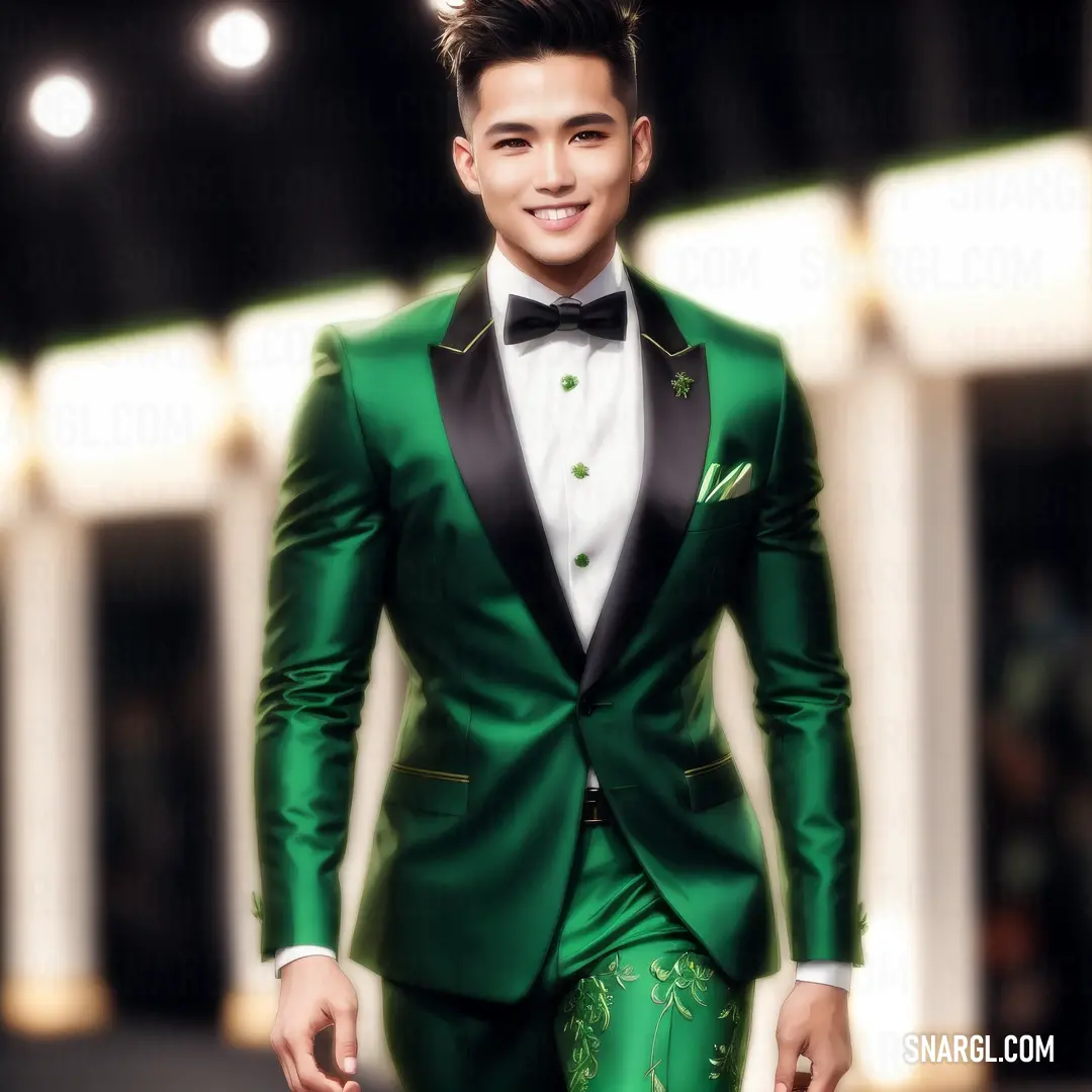 #008139 color example: Man in a green suit and bow tie standing in a room with columns and lights on the ceiling