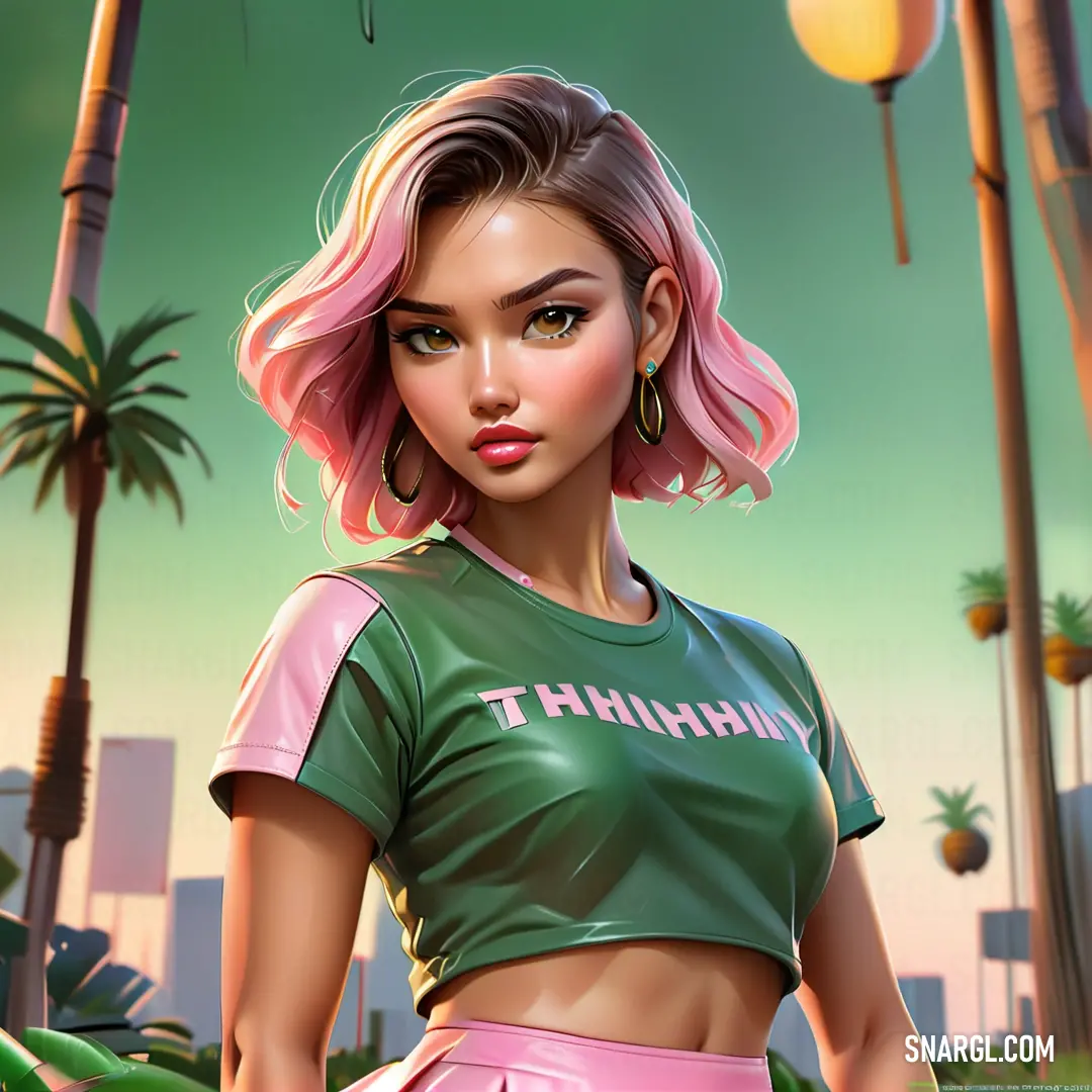 Girl with pink hair and green shirt standing in front of palm trees and a cityscape in the background. Color PANTONE 357.