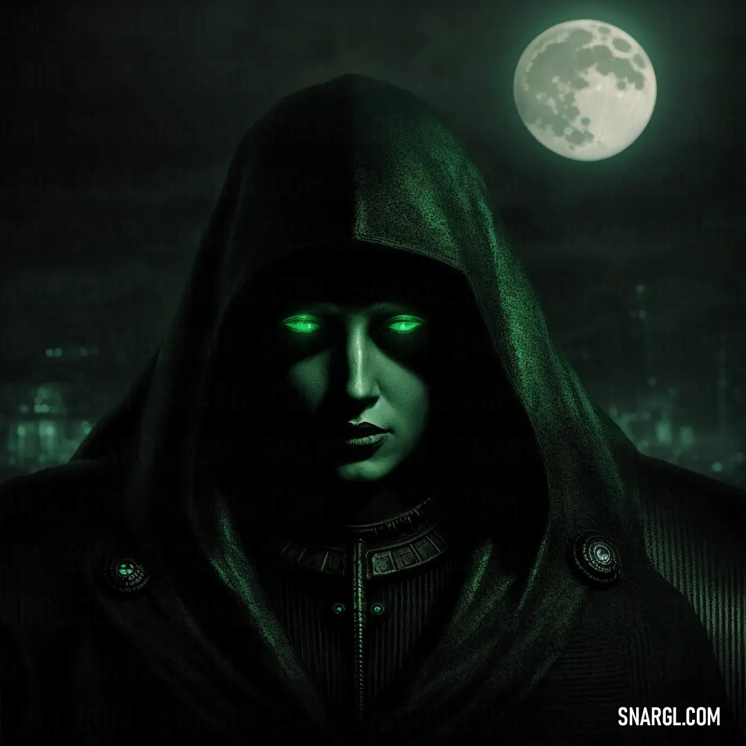 Man in a hooded jacket with green eyes and a full moon in the background. Color #1C5630.