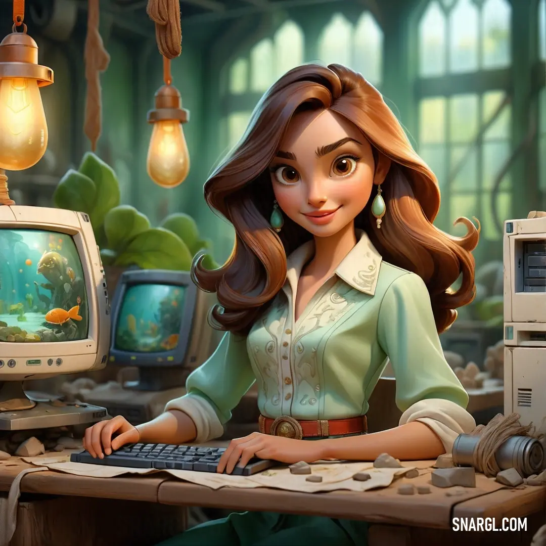 Cartoon girl at a desk with a computer and a monitor in front of her. Color RGB 180,212,162.