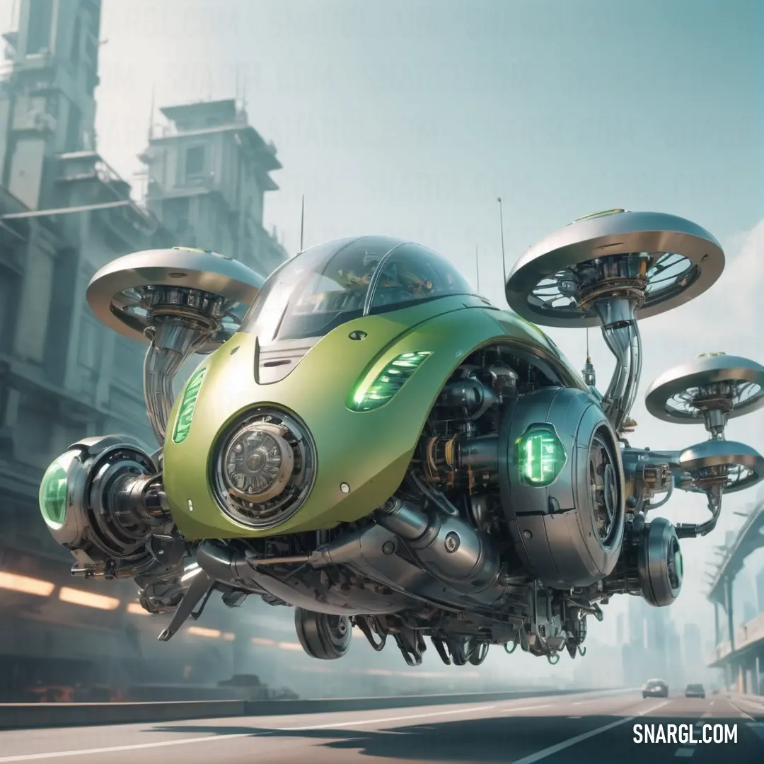 Futuristic vehicle flying through the air over a city street with buildings in the background. Color RGB 180,212,162.