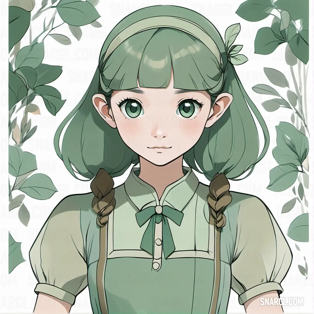 Girl with green hair and a green shirt and suspenders and a green bow tie and green leaves. Example of PANTONE 358 color.