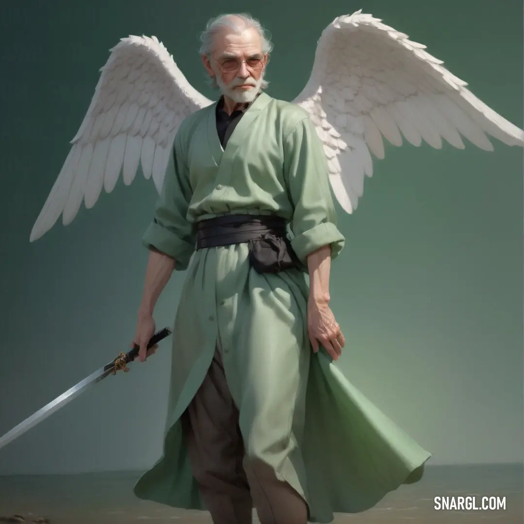 PANTONE 358 color example: Man with a sword and wings on a beach with a green background
