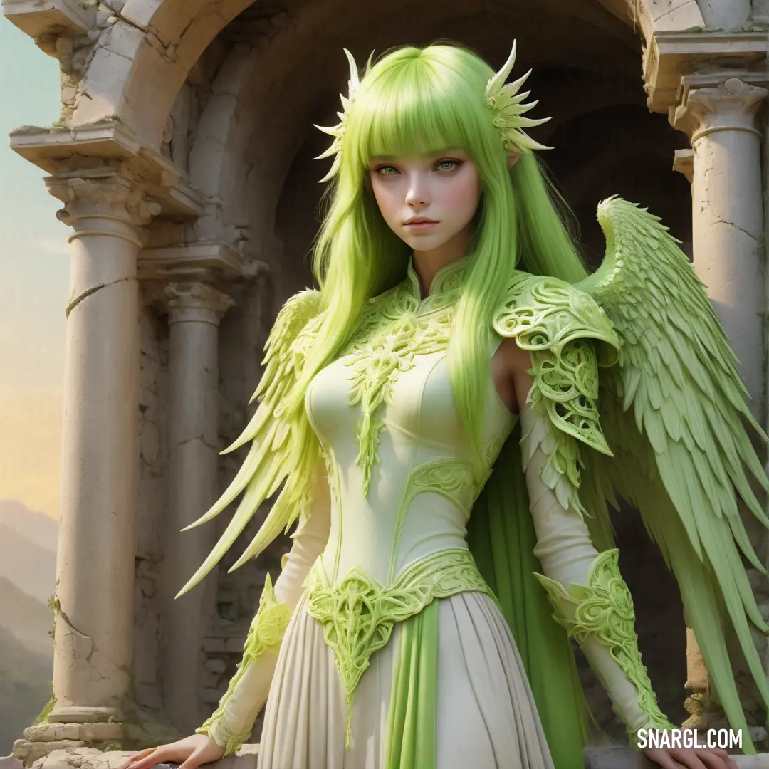 Woman with green hair and wings standing in front of a building with columns and a stone wall in the background