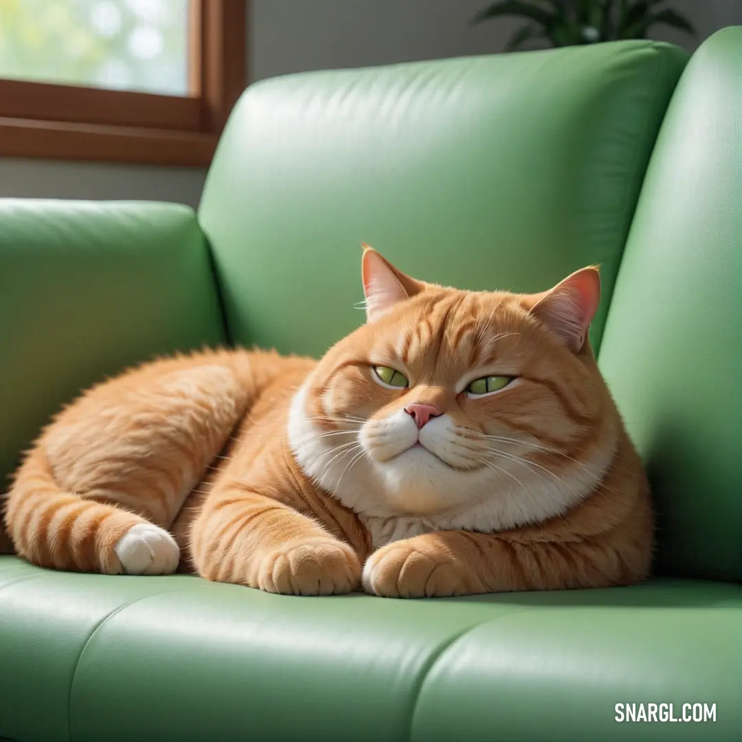 Cat is on a green chair with its eyes closed and it's head resting on the arm of the chair