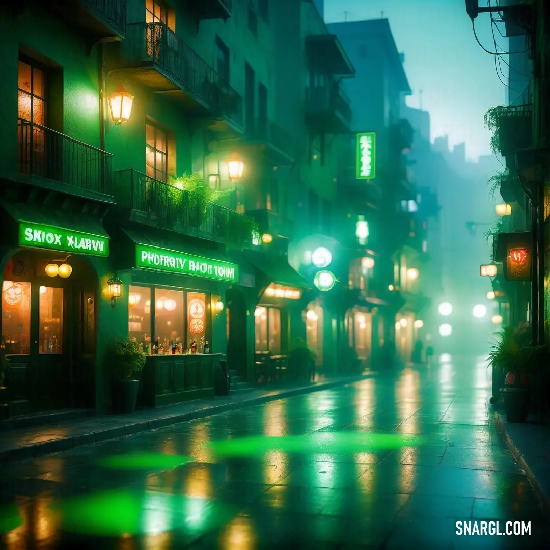 City street at night with a green light on the corner of the street and a store front