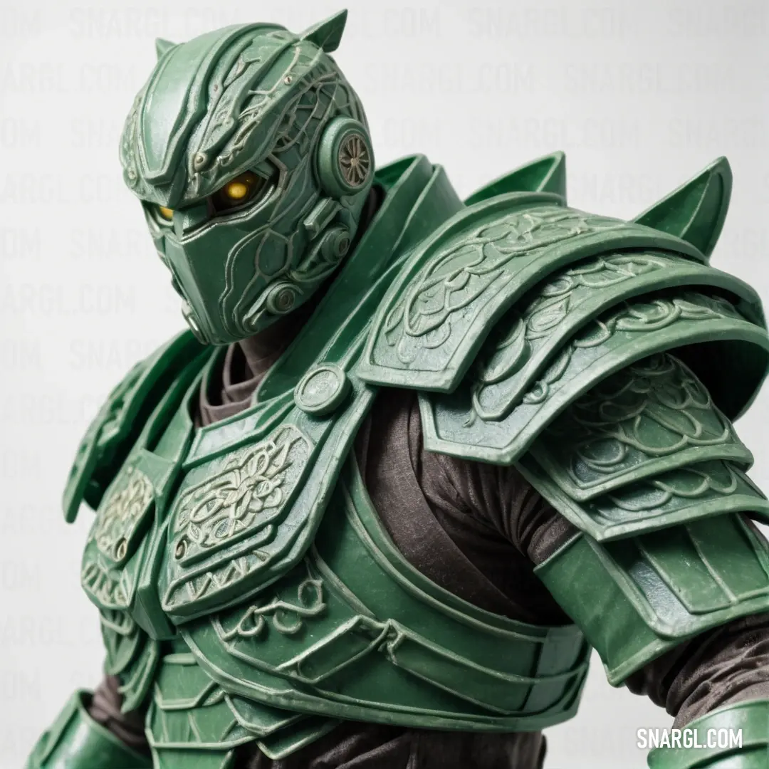 Close up of a toy figure wearing a green armor and helmet with yellow eyes and a black body