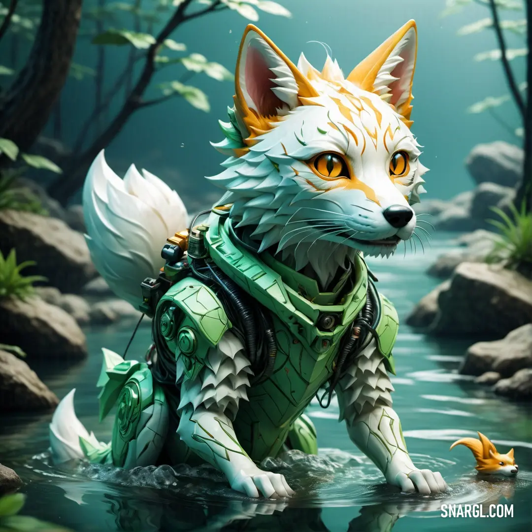 Fox in a green suit is in the water with a fish in its mouth