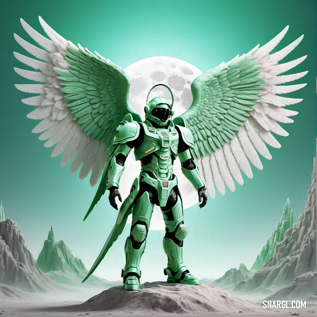 Green robot with wings standing on a hill with a full moon in the background and a mountain range in the foreground