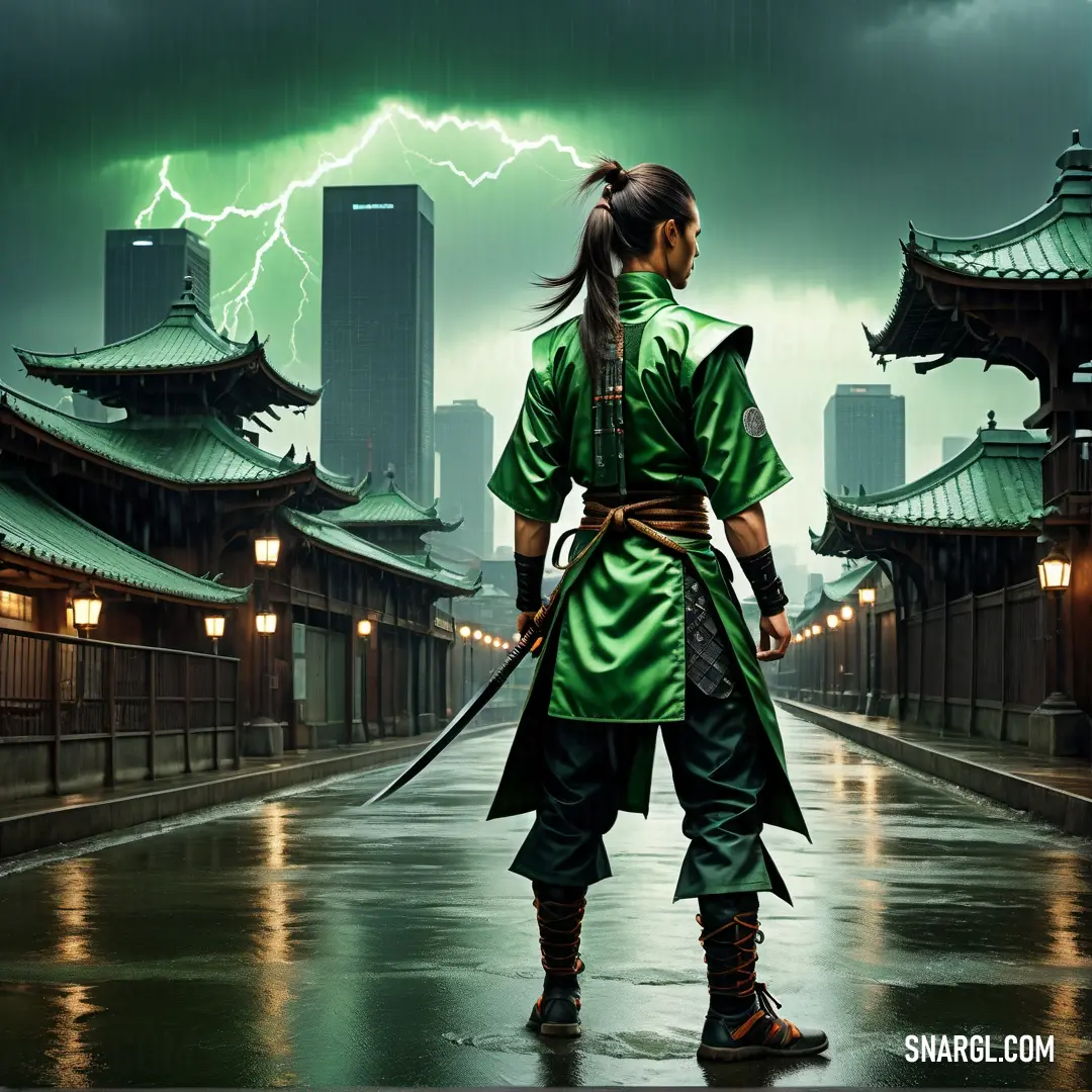 Woman in a green outfit holding a sword in a city street with a lightning in the background and a building