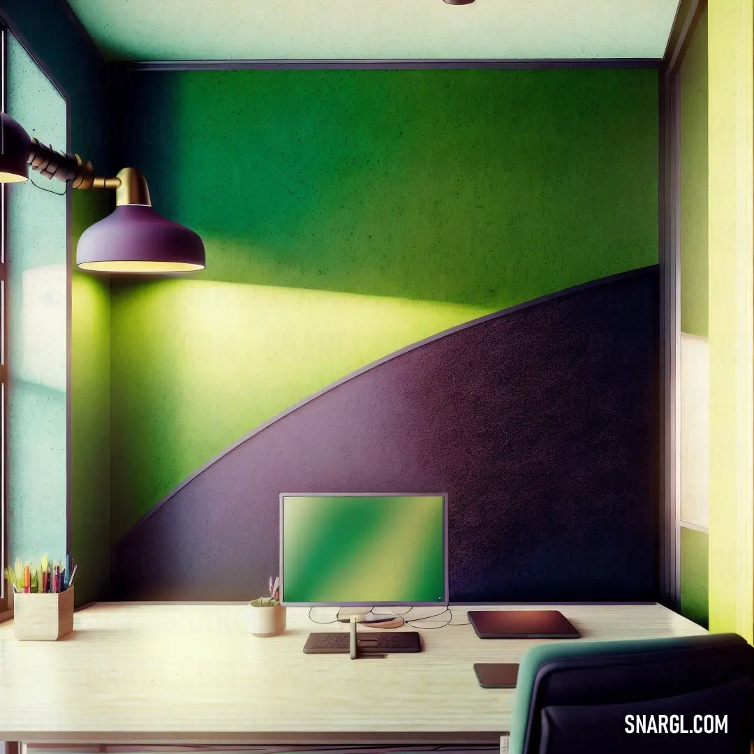 PANTONE 363 color example: Desk with a computer and a lamp on it in a room with a green wall and a window