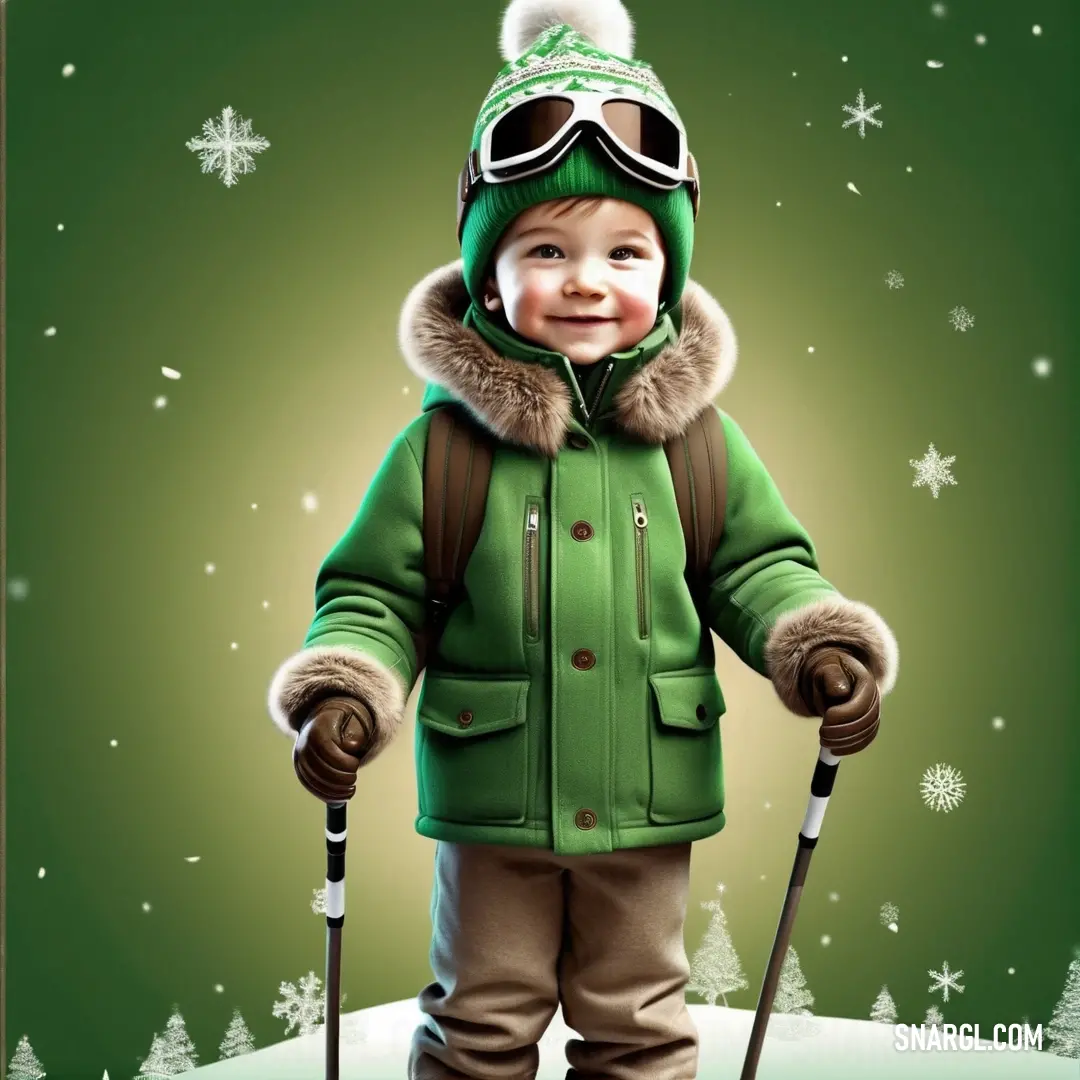 Little boy in a green jacket and skis standing in the snow with snowflakes on the ground. Color #4F9237.
