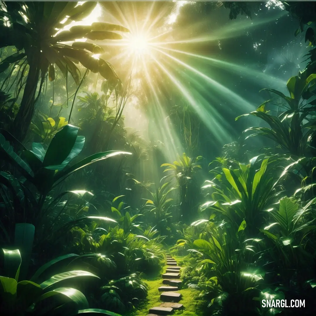 Path in the middle of a lush green forest with sunbeams shining through the trees and grass. Color #4F9237.