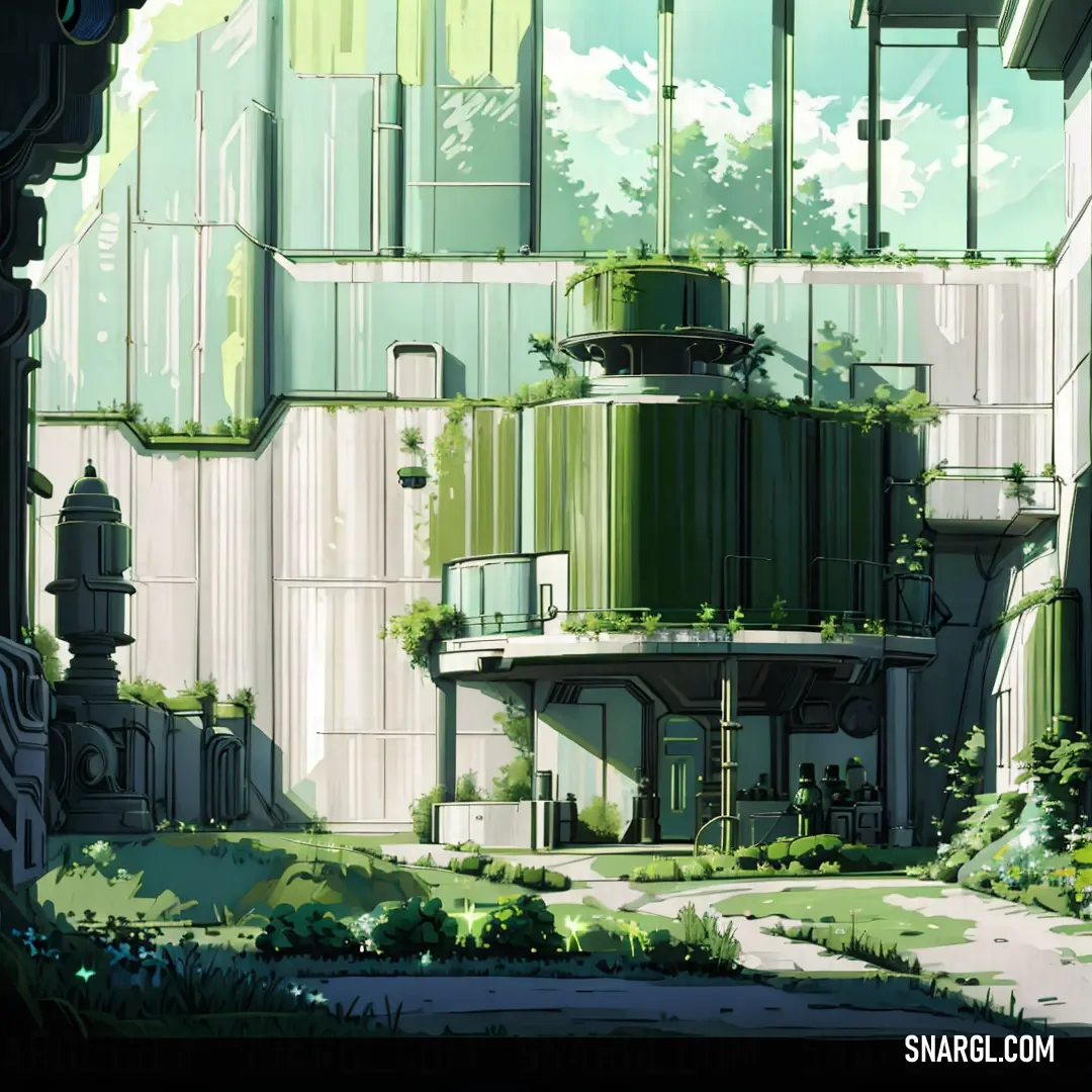 Building with a lot of windows and plants growing on it's sides and a street in front of it. Example of RGB 76,120,45 color.