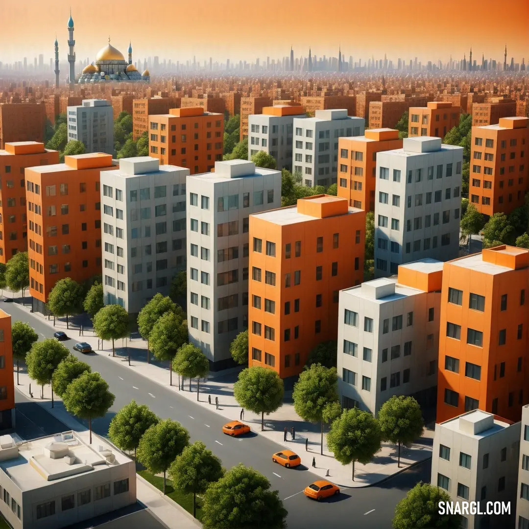 City with many orange buildings and a yellow car in the middle of the road