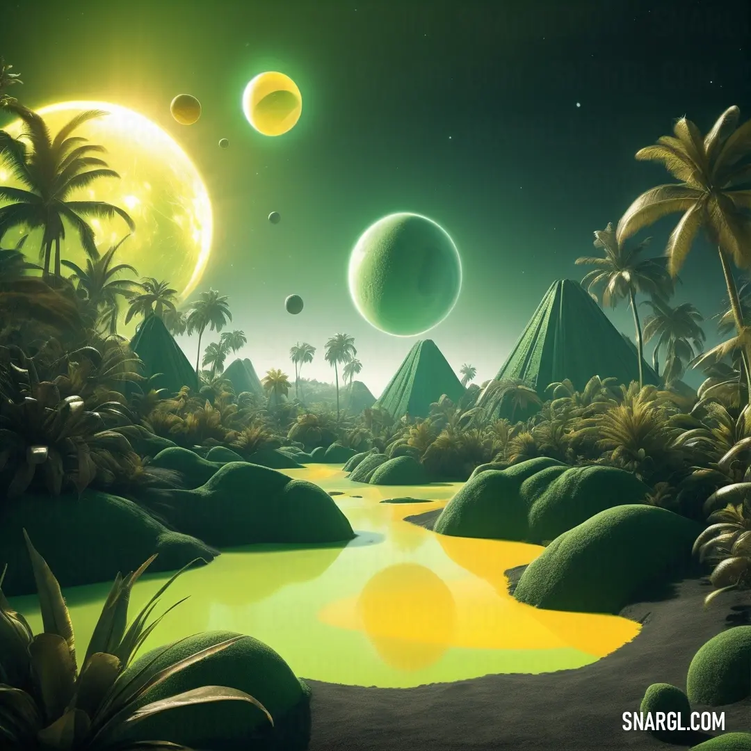 Computer generated image of a tropical landscape with palm trees and mountains in the background. Color #4C782D.