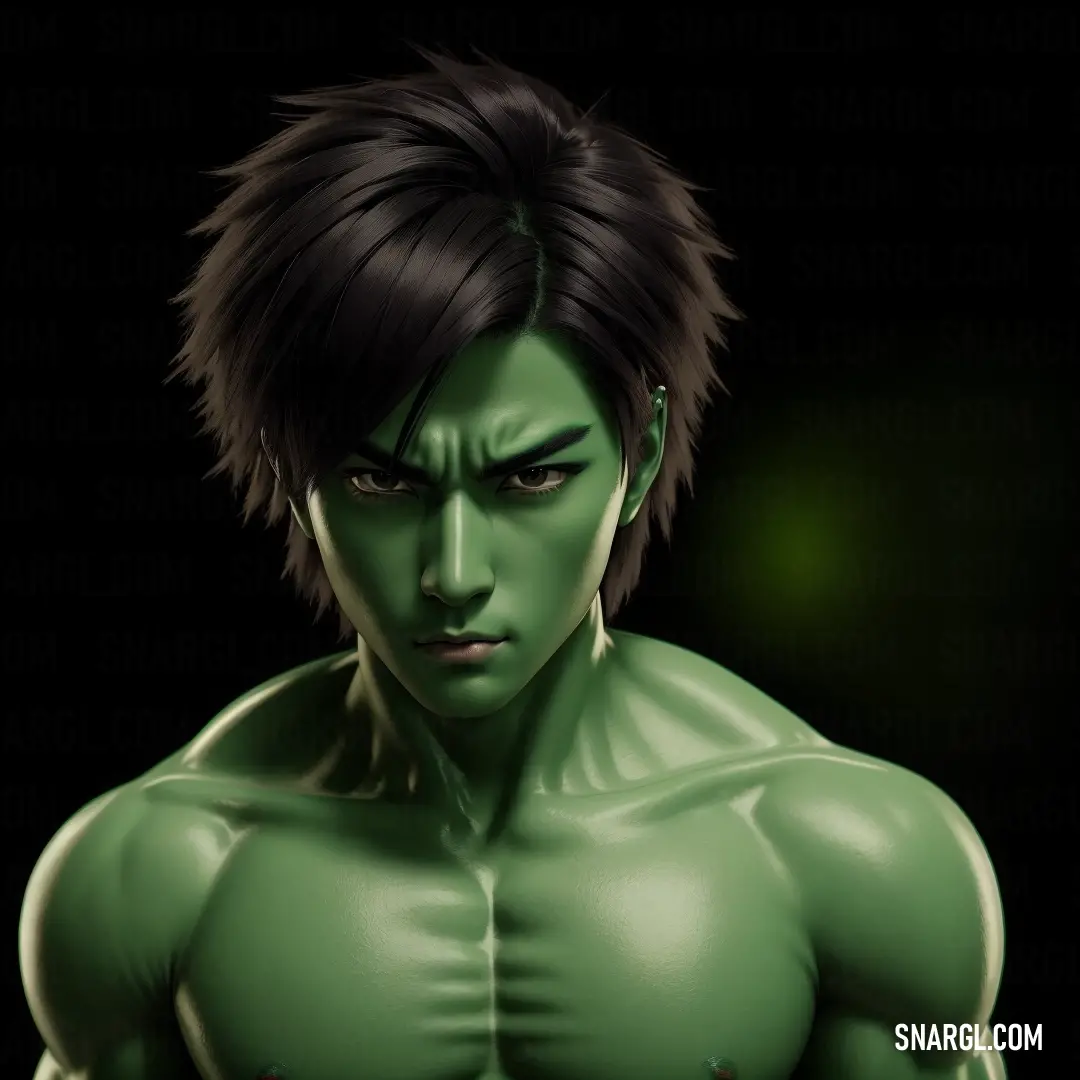 Man with a green face and black hair is looking at the camera with a serious look on his face. Example of PANTONE 364 color.