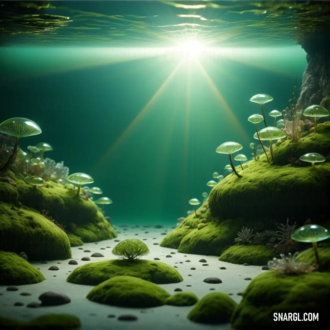 Underwater scene with moss and rocks and a bright light shining through the water's surface. Example of CMYK 71,4,100,45 color.