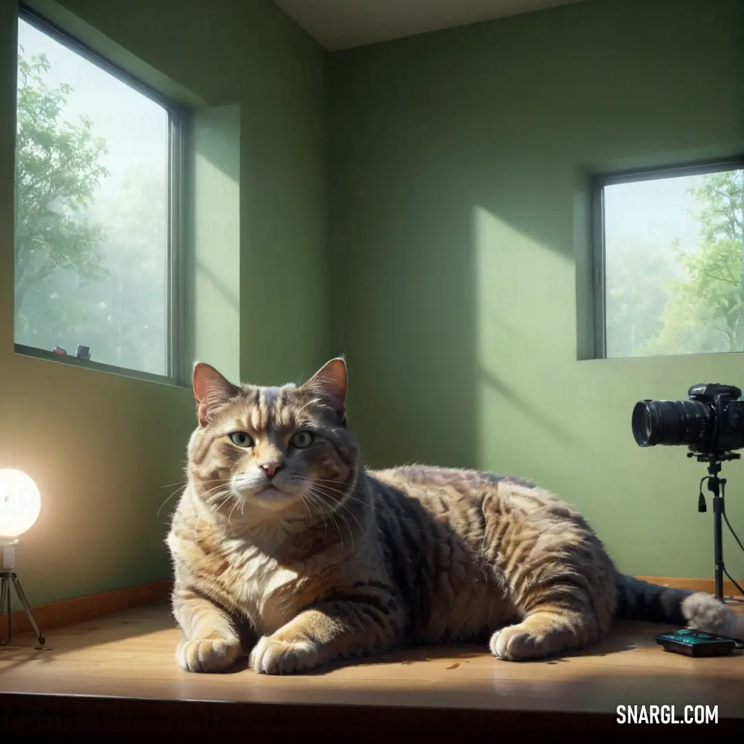 #CADC9D color. Cat on a table in front of a camera and a light bulb on a table next to a window