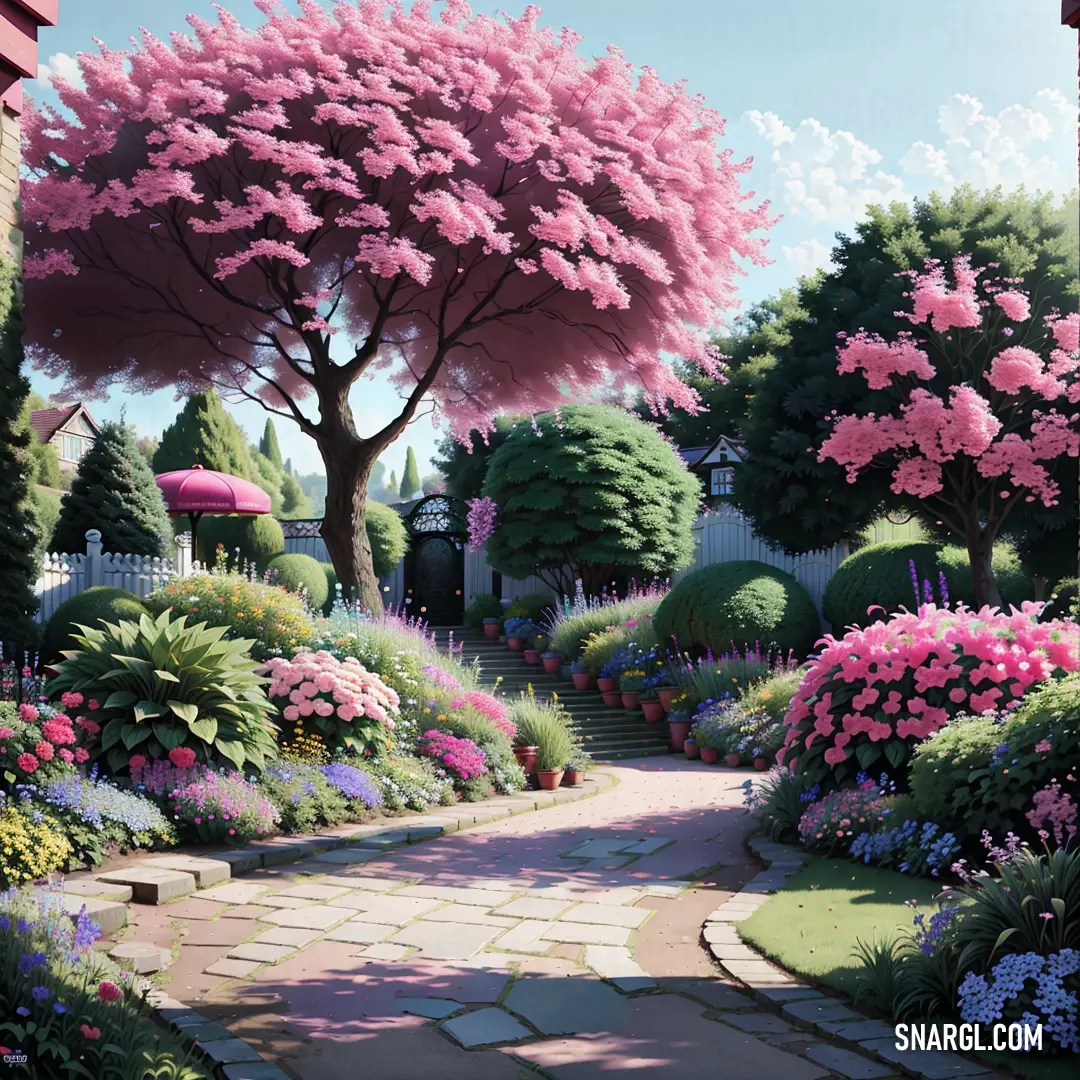 CMYK 24,0,44,0 example: Painting of a garden with flowers and trees in bloom and a pathway leading to a pink umbrella on a sunny day
