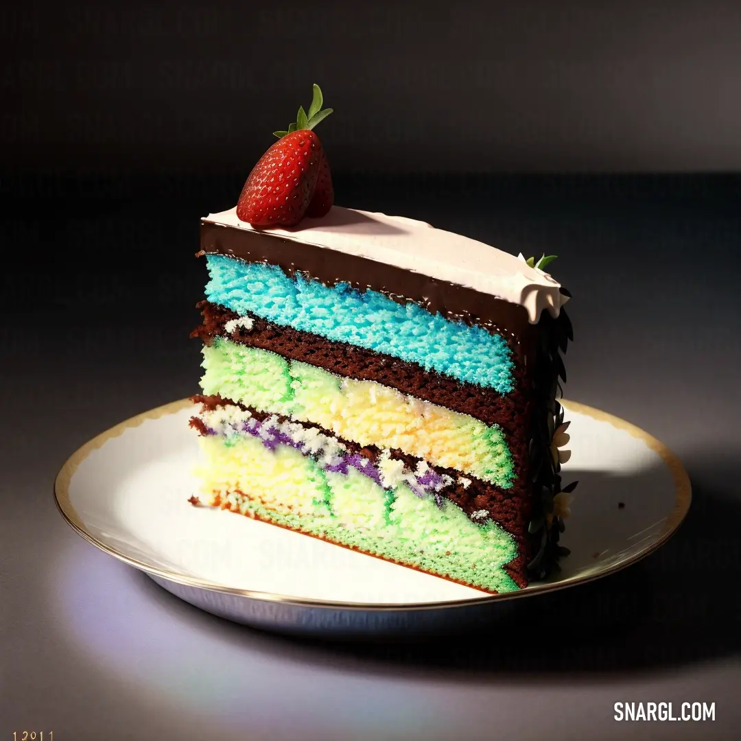 PANTONE 365 color example: Slice of cake with a strawberry on top of it on a plate on a table with a black background