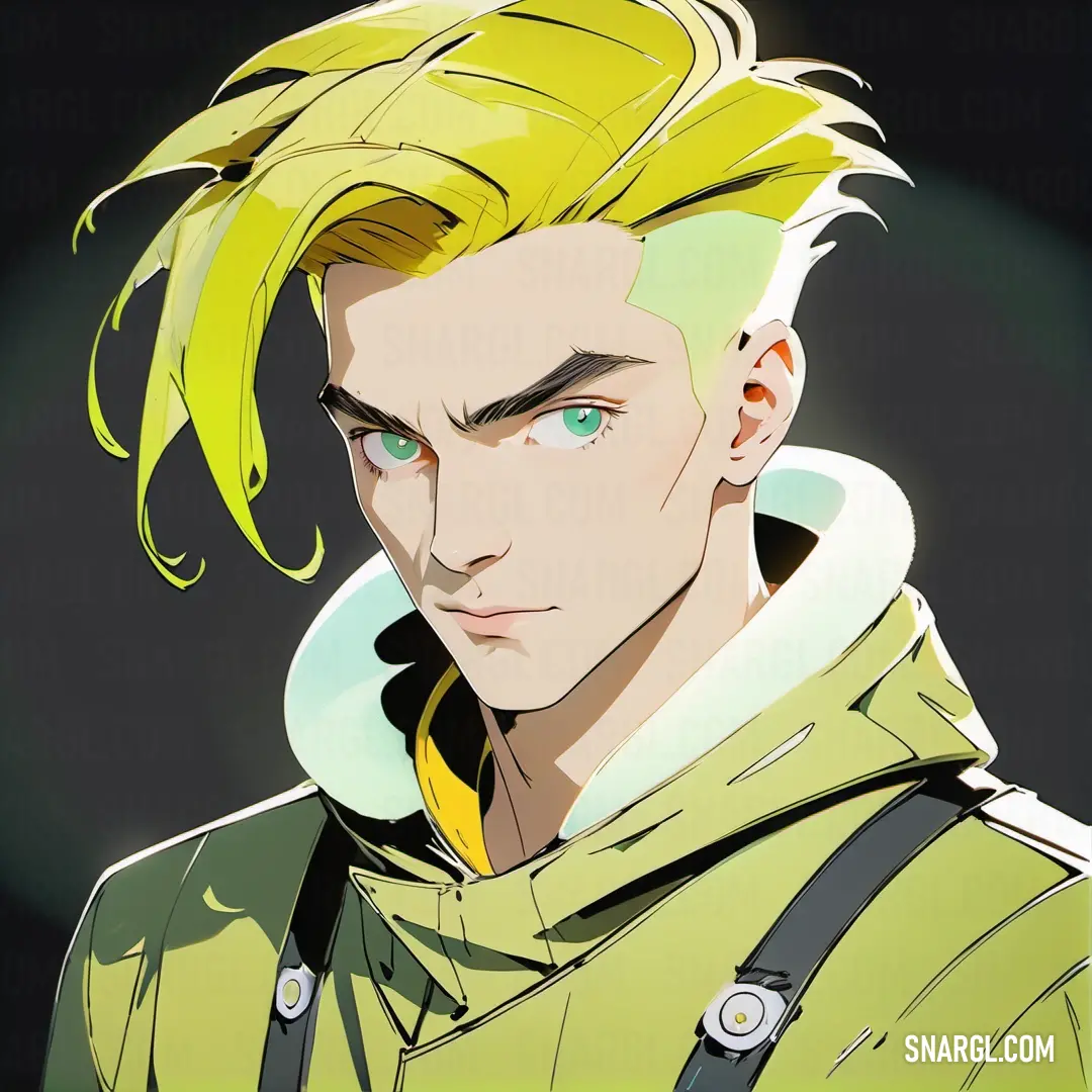 Man with a yellow hair and a green jacket on his shoulders and a yellow jacket on his shoulders. Example of PANTONE 366 color.