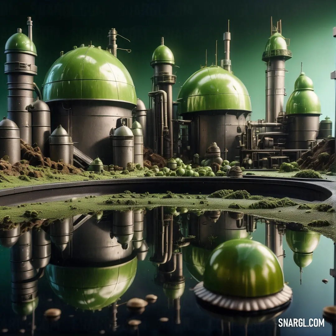 Futuristic city with green domes and a pond of water in front of it. Example of CMYK 41,0,68,0 color.