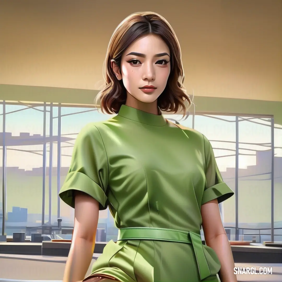 Woman in a green dress standing in front of a window with a cityscape in the background. Color RGB 171,204,109.