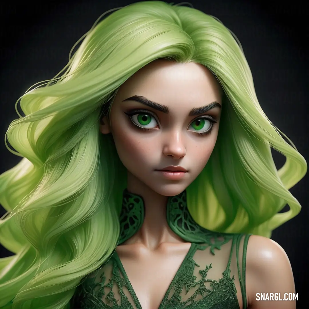 Woman with green hair and green eyes wearing a green dress and green necklaces. Color #ABCC6D.
