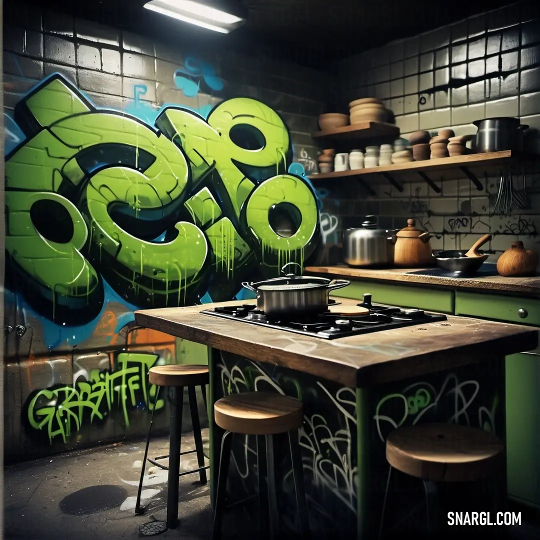 Kitchen with a stove top oven under a graffiti covered wall next to a counter top with stools. Example of #6A9529 color.