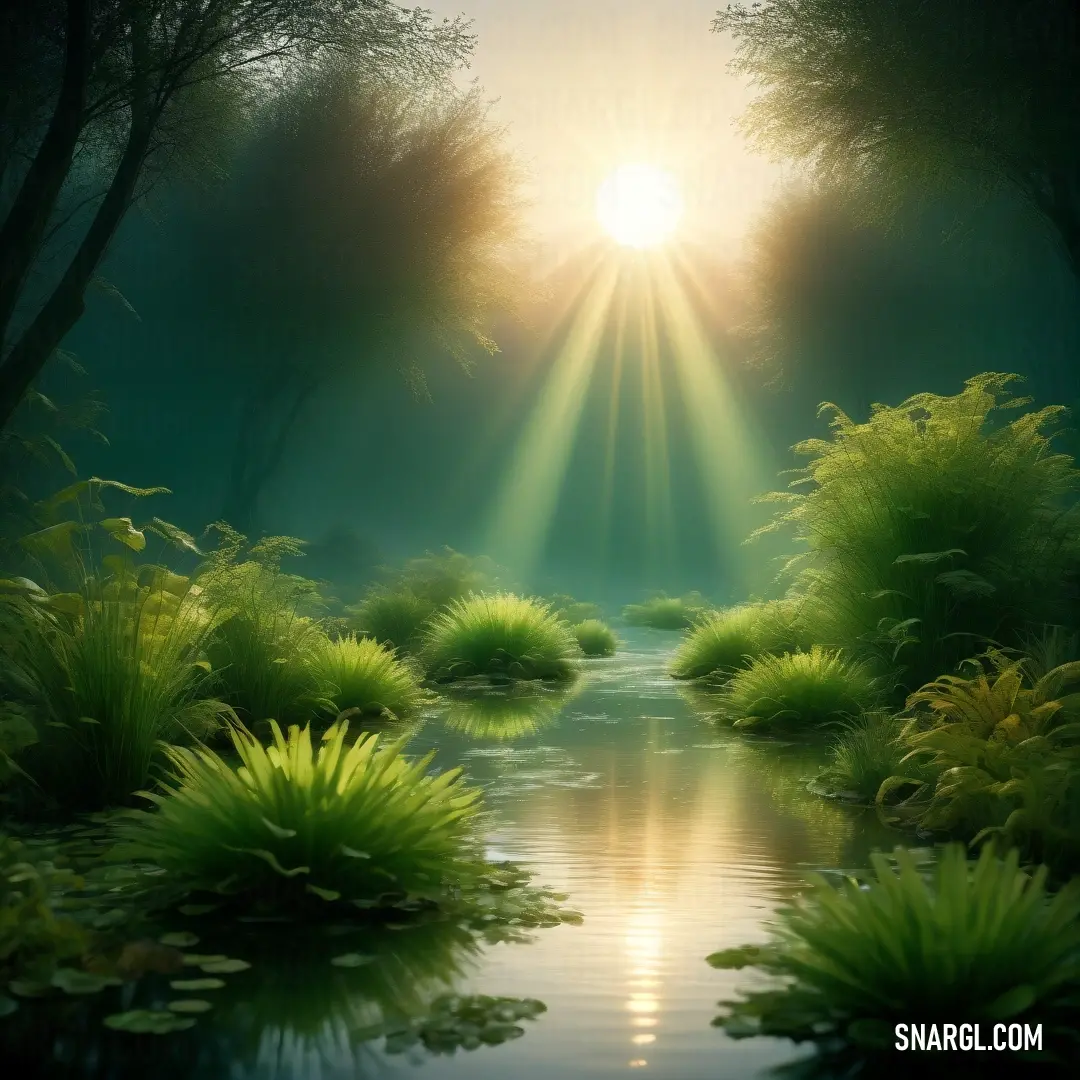 River surrounded by lush green plants and trees with the sun shining through the trees above it and reflecting in the water