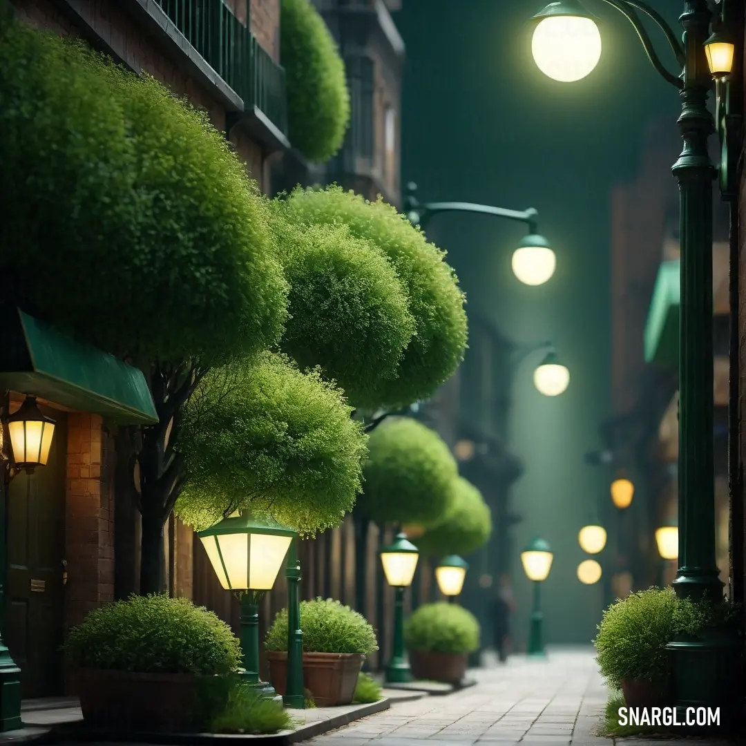 Street with a bunch of green trees on it at night time with street lights on the side of the street. Example of #6A9529 color.