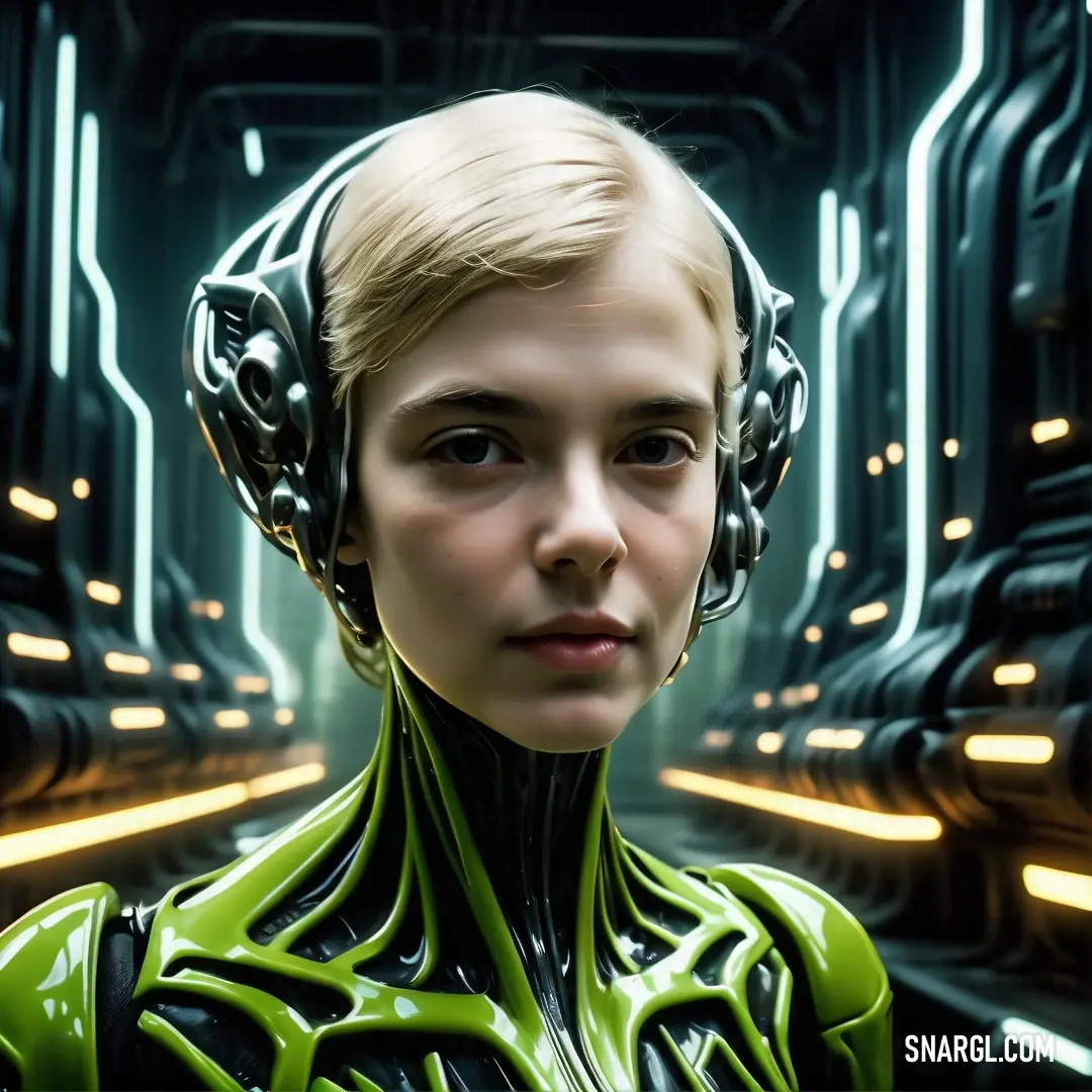 Woman with headphones on in a futuristic setting with neon lights and a train track in the background. Color #6A9529.