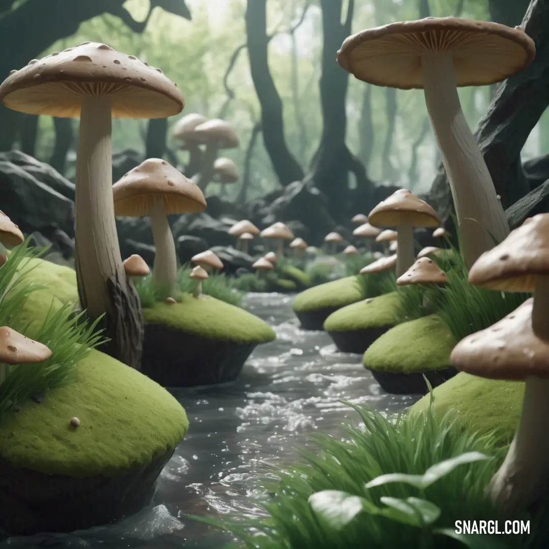 Group of mushrooms that are in the grass near water and rocks in the woods with grass growing on the rocks. Color PANTONE 371.