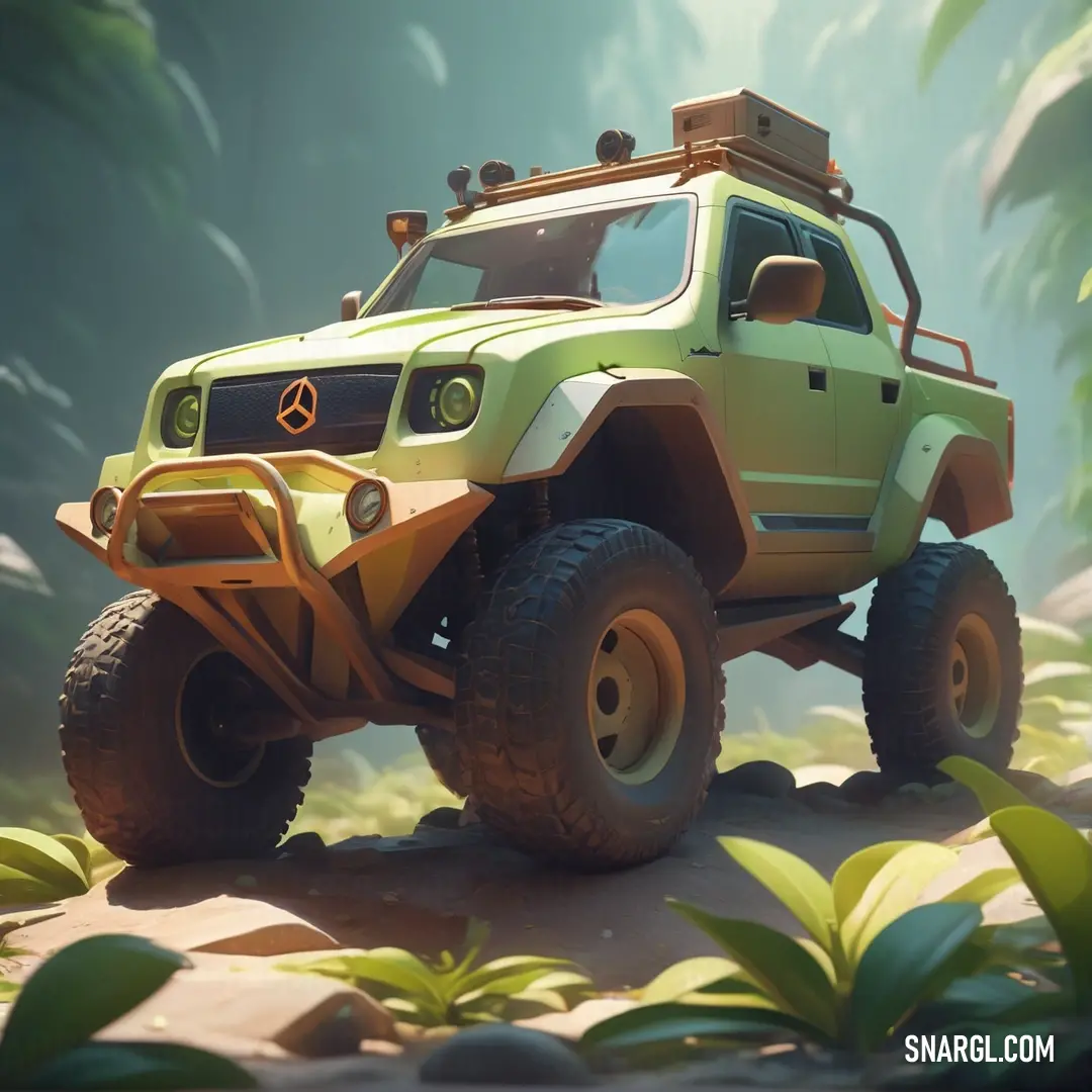 Green truck with a yellow top driving through a jungle area with trees and bushes on the side of it. Example of RGB 217,226,157 color.