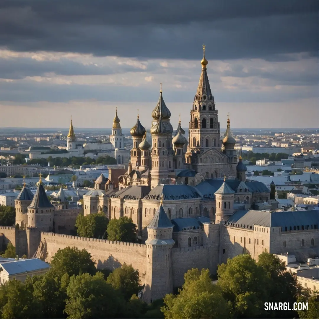 A stunning large building with a prominent tower and an eye-catching clock on its side, set against a moody cloudy sky, illustrating the timelessness of architecture in the gentle tones of color #D9E29D.