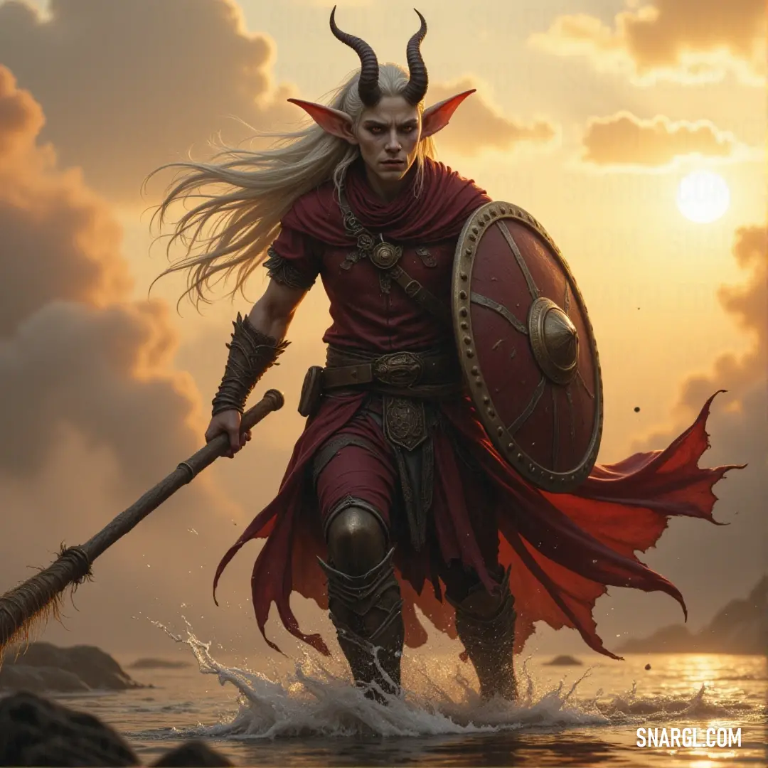 A fierce warrior in a vivid red outfit stands boldly in the water, gripping a protective shield and a spear, with determined waves crashing around them, evoking a sense of valiance and readiness.