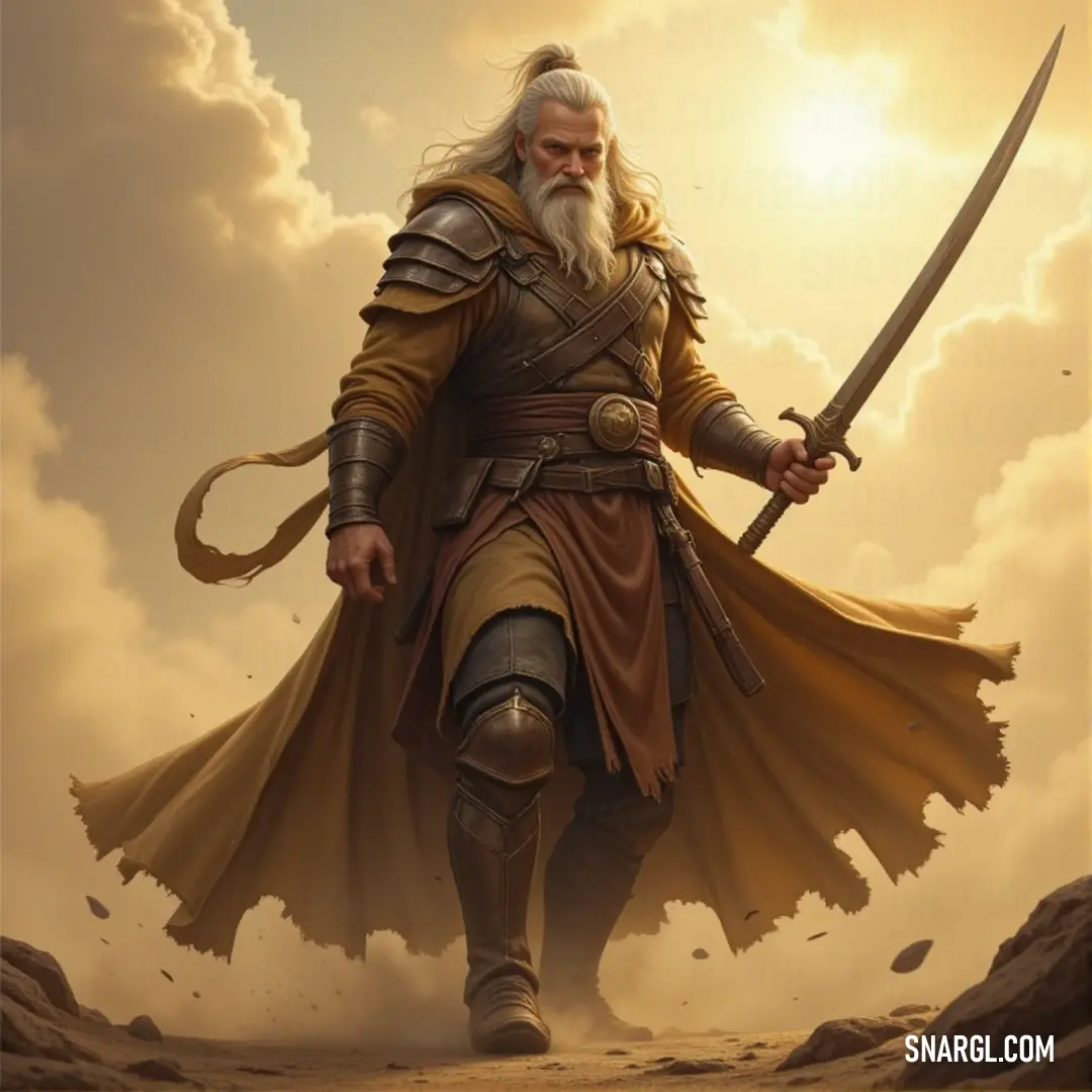 A formidable man stands amidst a vast desert, his long beard fluttering in the wind as he wields a saber with pride. The dramatic clouds and sun provide an epic backdrop to this powerful warrior, capturing the essence of a timeless battle.