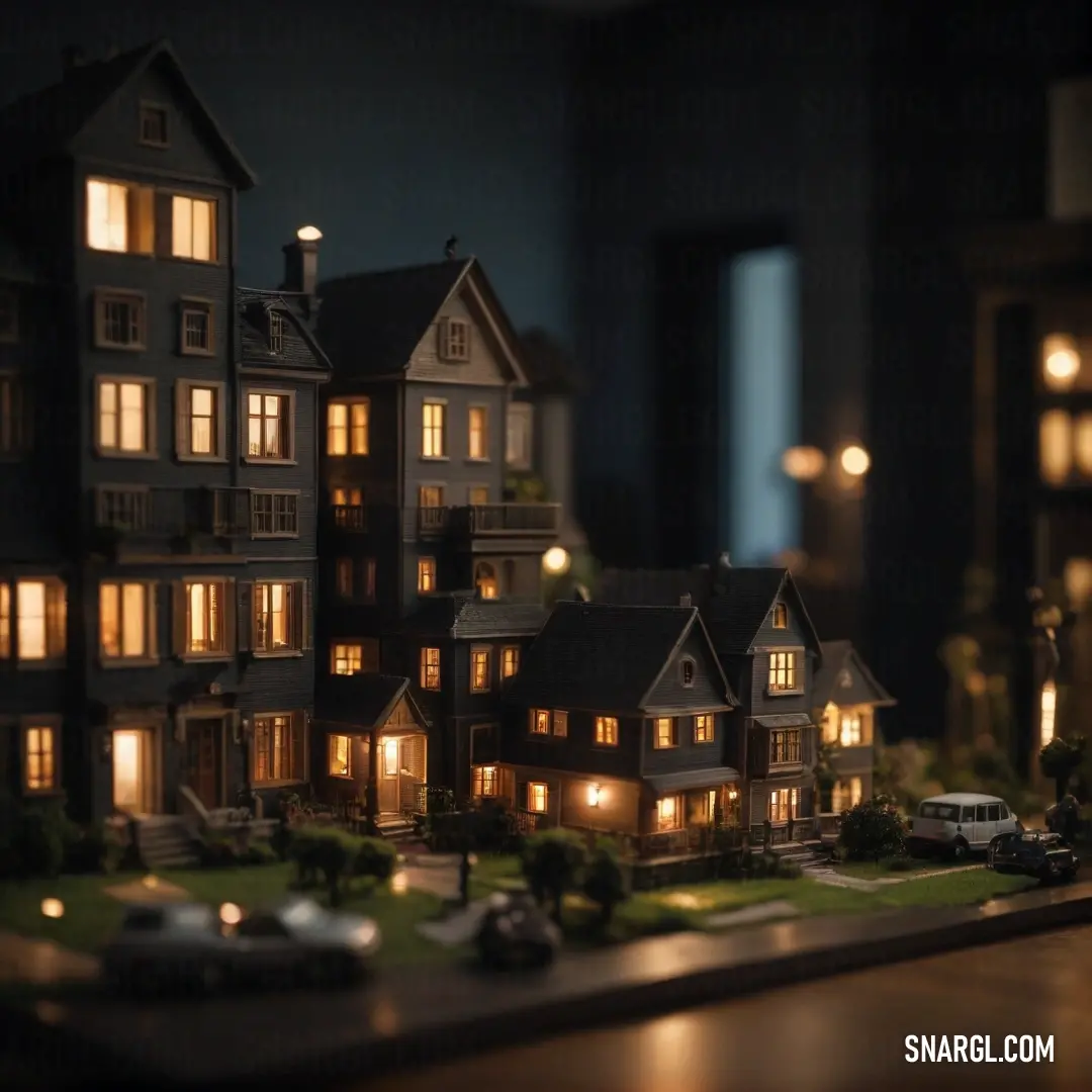 A charming model of a house adorned with many illuminated windows glows warmly against the night sky. A sleek car parked in front adds a touch of modern living, while the ambiance evokes a cozy, inviting atmosphere perfect for gatherings.