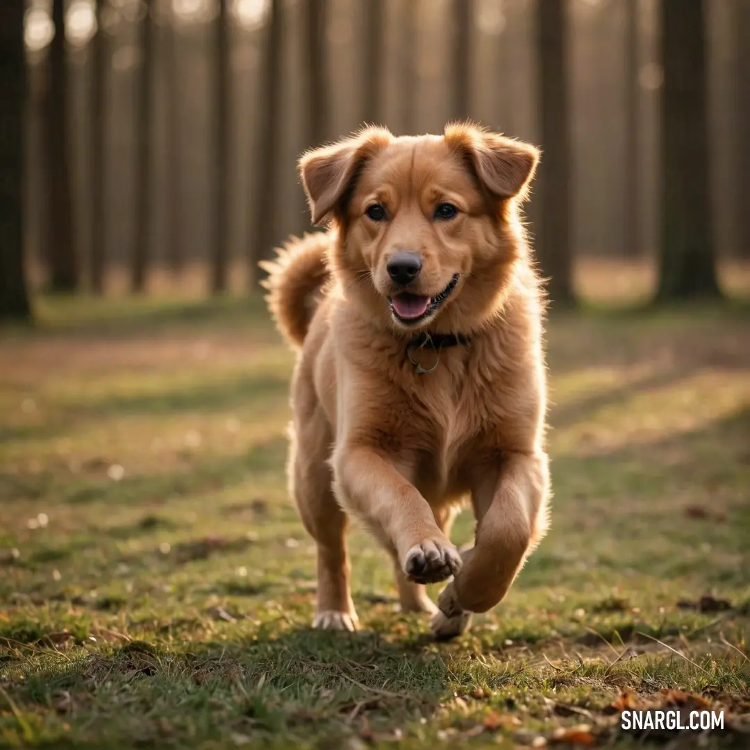 A joyful dog dashes through a vibrant forest, its fur glistening in the dappled sunlight. Tall, lush trees create a serene backdrop, encapsulating a perfect moment of freedom and playfulness in nature. The color palette features soft greens and earthy ton