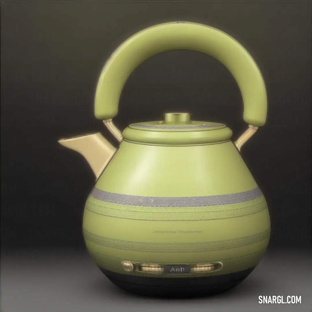 PANTONE 372 color. Green tea pot with a gold handle and a curved handle on a dark background