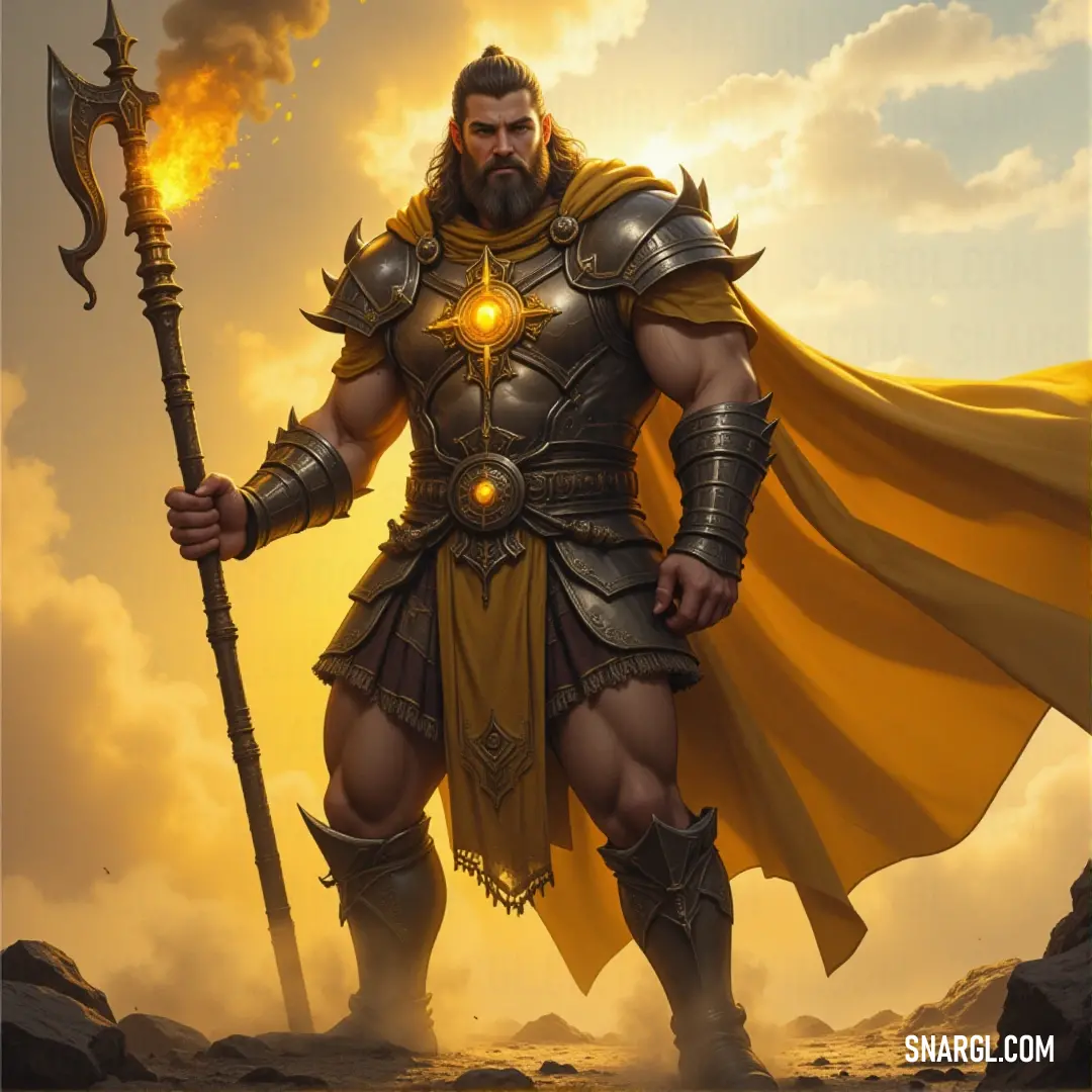 A strong figure clad in armor stands confidently, holding a staff and a glowing orb in one hand, illuminated in a striking pose, evoking a sense of mystique and power in a captivating setting.