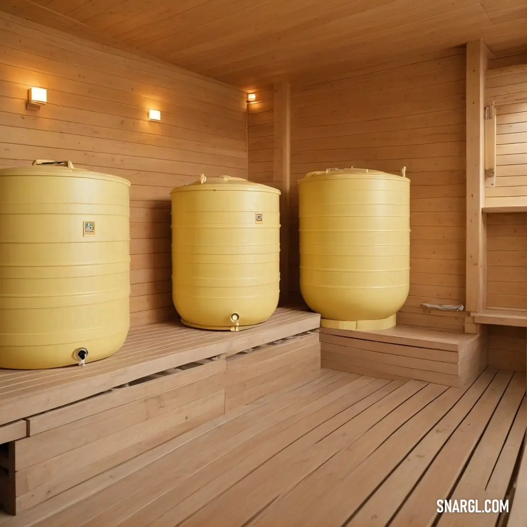 A cozy sauna experience comes alive with three large yellow barrels positioned on its side, evoking warmth and relaxation. The colors of PANTONE 372 reflect a fresh and rejuvenating ambiance, creating a tranquil sanctuary for a soothing escape.