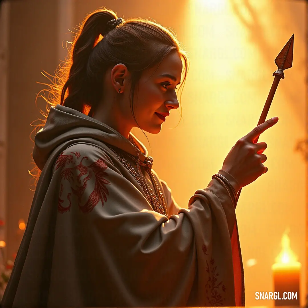 A woman dressed in elegant medieval attire stands confidently, holding a staff adorned with intricate carvings. The warm glow of a candle illuminates her surroundings, highlighting her attire and the enchanting atmosphere of the scene.