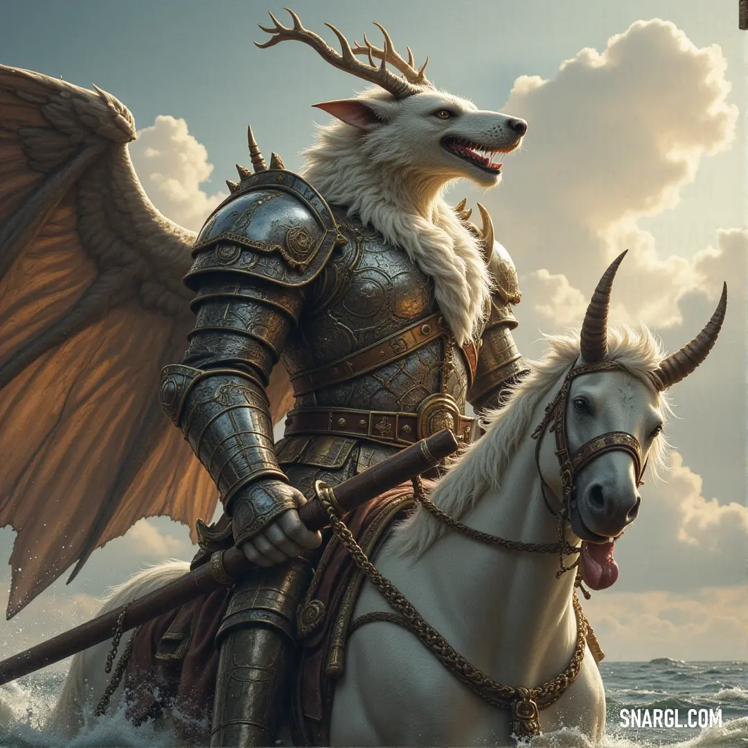 An enchanting scene of a playful white dog riding atop a graceful white horse, accompanied by a mythical white dragon, all set against a beautiful beach adorned with fluffy clouds and gentle waves.