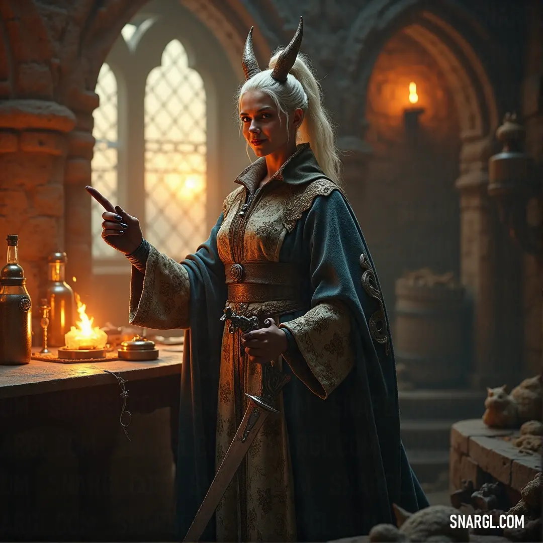 A vibrant portrayal of a woman in costume holding a sword, pointing towards a vintage bottle of wine in a room adorned with stone arches, blending the allure of fantasy with a hint of celebration.