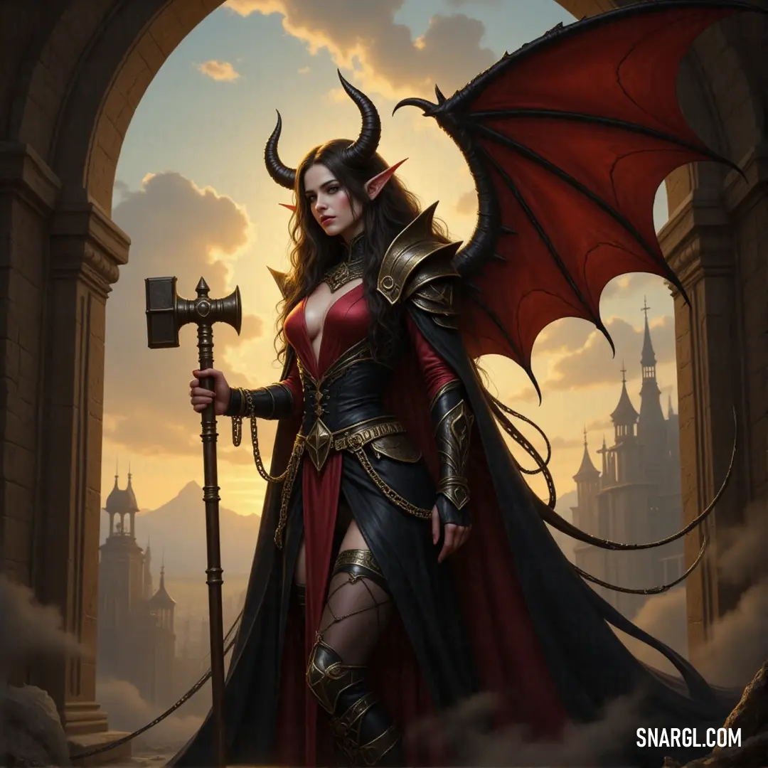 A striking woman in a bold red and black outfit wielding a ceremonial scepter, stands before a magnificent castle, as dramatic clouds gather in the background, creating an epic scene full of mystery and allure.